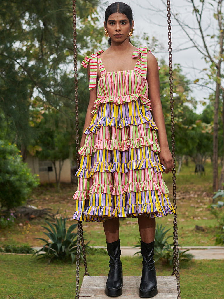 Bonbon Stripes Frilly Dress DRESSES Khajoor   