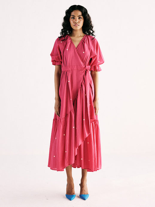 Pink Polka Wrap Dress DRESSES KHARA KAPAS