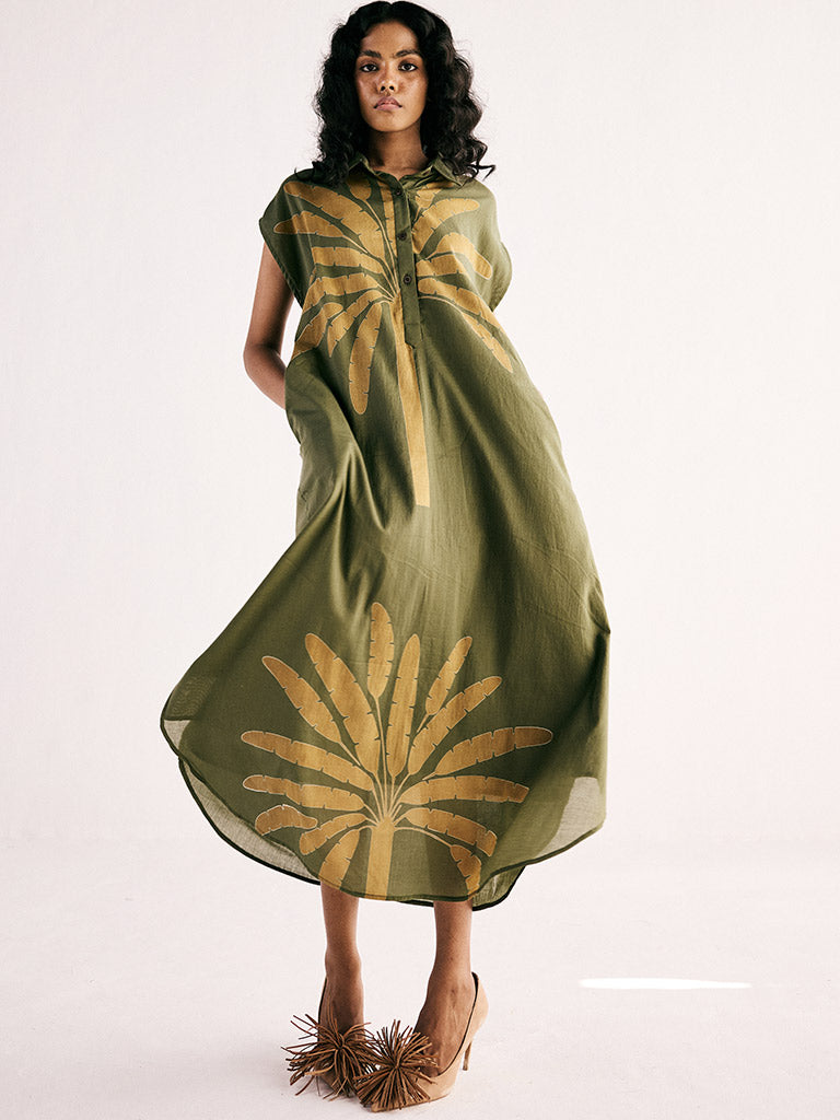 Olive Palm Shirt Dress DRESSES KHARA KAPAS   