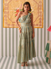 Load image into Gallery viewer, Evergreen Stripes Rose One Shoulder Dress DRESSES Khajoor
