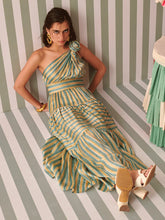 Load image into Gallery viewer, Evergreen Stripes Rose One Shoulder Dress DRESSES Khajoor
