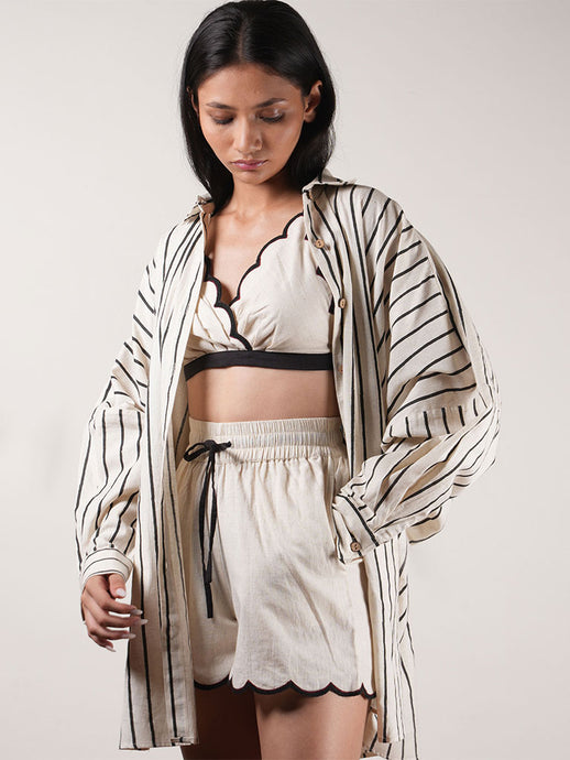 Oatmeal Oversized Striped Shirt Set SETS Mati   