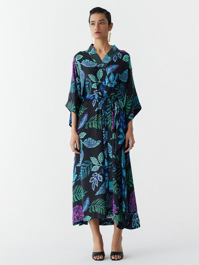 Black Jungle Kaftan | Womens Printed Silk Kaftan Dress | IKKIVI